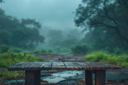 Embrace tranquility in this serene morning scene A weathered wooden bench sits nestled amongst towering trees cloaked in mist Sunbeams pierce through the ethereal haze, illuminating the ancient forest floor Perfect for relaxation, meditation, and connecting with nature&#39;s gentle beauty AI Generativeの素材