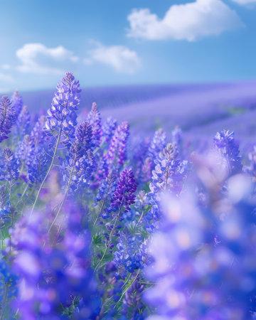 A serene landscape unfolds with a vibrant field of lavender in full bloom, bathed in the golden light of a clear blue sky dotted with fluffy white clouds The scene evokes tranquility and peace, inviting viewers to escape into a moment of pure relaxation and mindfulness AI Generativeの素材