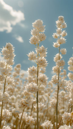 A breathtaking landscape unfolds, showcasing a serene field of pristine white flowers bathed in golden sunlight The azure sky stretches endlessly above, creating a picturesque contrast against the delicate blooms Every detail, from the gentle sway of the flowers to the dappled sunlight on the ground, evokes a sense of tranquility and beauty AI Generativeの素材