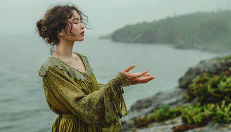 A woman in a flowing green dress finds serenity amidst nature&#39;s embrace  She meditates by a misty lakeside, enveloped by lush foliage and rolling hills veiled in fog  The scene evokes tranquility and connection to the natural world, a moment of peace and introspection AI Generativeの素材