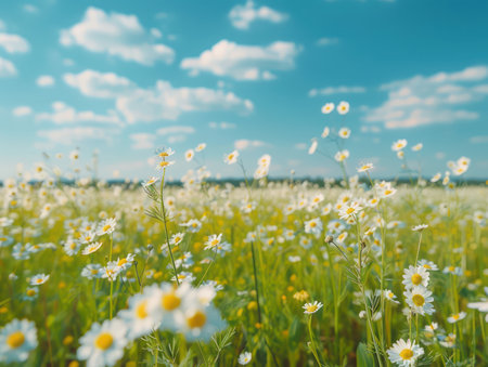 A breathtaking panorama of a field bursting with vibrant daisies, bathed in the golden glow of a sunny day The clear blue sky, adorned with fluffy white clouds, creates a serene backdrop for this idyllic summer landscape Perfect for relaxation and inspiration, this scene embodies the beauty and tranquility of nature AI Generativeの素材