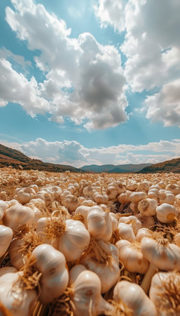 A picturesque scene unfolds with a vast field of garlic plants stretching towards a cerulean sky  Fluffy white clouds drift lazily across the horizon, casting gentle shadows on the vibrant green foliage  Sunlight bathes the landscape in a warm glow, creating a serene and idyllic countryside setting AI Generativeの素材