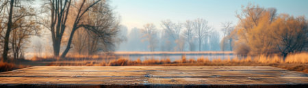 A wooden pathway winds through a serene autumn landscape, leading to breathtaking views of a tranquil lake Bare trees stand tall, their branches reaching towards a soft, morning sky The scene exudes peace and tranquility, inviting viewers to escape the hustle and bustle of everyday life AI Generativeの素材
