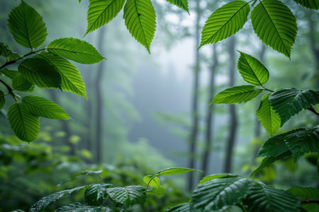 A serene misty forest bathed in ethereal light Lush foliage and vibrant greenery create a tranquil woodland scene The fog weaves through the trees, enveloping the landscape in a peaceful embrace Nature&#39;s beauty unfolds in this idyllic, foggy day AI Generativeの素材