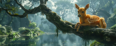Immerse yourself in the tranquility of an ethereal forest, where a graceful fawn finds solace amidst a tapestry of lush greenery As the sunlight gently illuminates the moss-covered branches, the delicate creature rests serenely, its ethereal beauty harmonizing with the mystical ambiance The reflective water adds a touch of enchantment, creating a breathtaking symphony of nature and serenity AI Generativeの素材