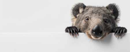 Capture the irresistible charm of a curious koala peeking over a surface Its adorable expression and piercing eyes reveal its whimsical personality, making for a captivating wildlife photo that showcases the beauty of Australia's unique marsupials AI Generativeの素材
