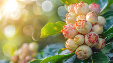A vibrant tableau of nature&#39;s bounty unfolds, showcasing plump white fruits nestled amidst verdant leaves on a sun-drenched branch The gentle sunlight bathes the scene in a warm glow, highlighting the delicate details of the fruit and the lush foliage This serene outdoor setting celebrates the beauty and abundance of nature AI Generativeの素材