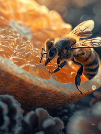 Witness the captivating fusion of life and sustenance in this exquisite close-up A diligent honeybee, a vital cog in nature&#39;s intricate web, delicately siphons nectar from a vibrant orange slice, a testament to the profound interdependence between pollinators and citrus fruit production Bathed in golden sunlight, this encounter illuminates the crucial bond that nourishes both bee and fruit, showcasing the harmonious dance that sustains our planet AI Generativeの素材