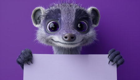 Charming cartoon meerkat poses playfully against a vibrant purple backdrop, holding an empty sign, inviting you to add your message Its adorable expression and curious gaze make it an irresistible choice for capturing attention in advertising, marketing, and design projects AI Generativeの素材