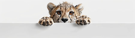 Behold the irresistible charm of a curious cheetah cub peeking over a pristine white surface This captivating wildlife photograph captures the essence of youthful playfulness and the allure of nature&#39;s raw beauty Immerse yourself in the adorable antics of this big cat cub, perfect for animal enthusiasts and those who cherish the untamed spirit of the wild AI Generativeの素材