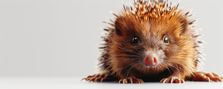 Capture the captivating charm of a hedgehog in stunning close-up Against a plain backdrop, its prickly quills stand out in exquisite detail, while its curious gaze exudes an air of endearing inquisitiveness The minimalist setting allows the hedgehog&#39;s unique features to shine, showcasing the delicate balance between its spiky exterior and adorable nature AI Generativeの素材