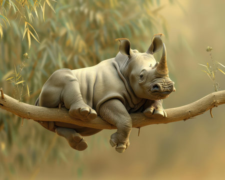 A captivating moment captured amidst the verdant wilderness, where a baby rhino&#39;s slumbering form adorns a sturdy tree branch Its unusual repose, curled up like a playful kitten, sparks fascination and joy The contrast between the rhino&#39;s massive frame and its cozy perch creates a surreal and heartwarming spectacle, evoking a sense of wonder and awe in the viewer AI Generativeの素材