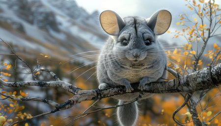 Capture the endearing charm of an adorable gray chinchilla frolicking in an autumn forest Amidst the vibrant tapestry of yellow foliage, the chinchilla&#39;s playful antics contrast beautifully with the snow-capped mountain backdrop The tranquil wilderness and gentle daytime light create an idyllic setting that evokes warmth and serenity AI Generativeの素材