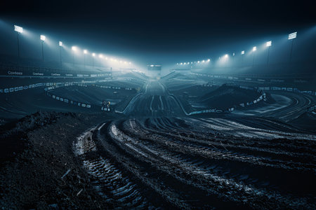 Capture the electrifying atmosphere of a motocross track under the glow of stadium lights at dusk Rugged terrain, serpentine dirt paths, and airborne riders create a captivating scene The dramatic lighting intensifies the adrenaline-fueled action, showcasing the skill and determination of these fearless competitors AI Generativeの素材