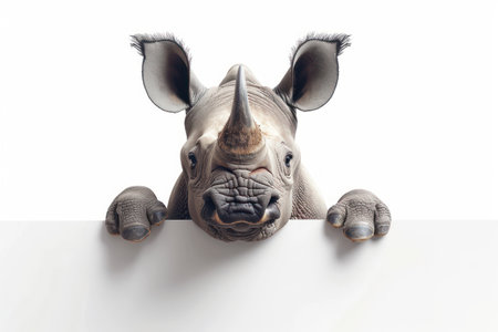 Witness the endearing charm of a majestic rhino peeking over a spotless surface This close-up depiction captures the gentle side of these formidable creatures, offering a glimpse into their hidden vulnerability Immortalized in stunning detail, this image is a testament to the beauty and diversity of wildlife, inviting nature enthusiasts to embrace the adorable and awe-inspiring aspects of the animal kingdom AI Generativeの素材