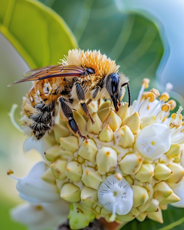 Capture the exquisite beauty of nature with this close-up of a bumblebee diligently collecting pollen from a blooming blossom This image not only showcases the vibrant colors and intricate textures of the flower but also highlights the crucial role pollinators play in maintaining the delicate balance of our ecosystem Witness the captivating interaction between a tireless worker and the source of its sustenance, reminding us of the interconnectedness of all living things AI Generativeの素材