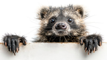 Capture the irresistible charm of a curious young raccoon in this adorable close-up Its wide, innocent eyes peer over a pristine white surface, while its outstretched paws and delicate whiskers evoke a playful and inquisitive nature This whimsical wildlife encounter will melt hearts and ignite a sense of wonder in viewers of all ages AI Generativeの素材