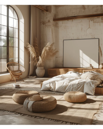 Escape to a serene bohemian haven with this bedroom Natural light streams through, illuminating rustic decor, cozy bedding, and rattan furniture The perfect harmony of comfort and style creates a relaxing retreat where you can unwind and recharge AI Generativeの素材
