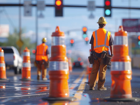 Road construction workers diligently manage traffic flow, ensuring safety with cones and signals Their expertise keeps traffic moving smoothly during construction projects, minimizing delays and potential hazards These dedicated individuals play a vital role in ensuring the safety and efficiency of road construction zones AI Generativeの素材