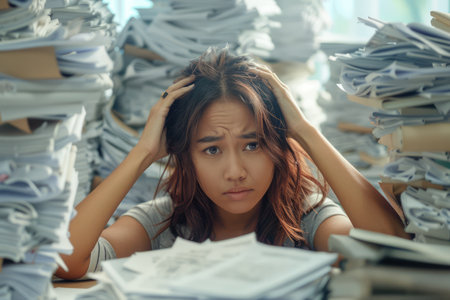 A bookkeeper is struggling under the weight of a demanding workload, experiencing significant stress, anxiety, and pressure within the accounting industry They are feeling overwhelmed by the constant demands and deadlines, leading to a sense of burnout AI Generativeの素材