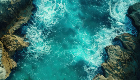 From high above, witness the raw power of the ocean as waves relentlessly crash against a rugged coastline The bird's-eye perspective reveals a dynamic marine scene, where the turquoise water meets the jagged rocks in a breathtaking display of nature's might AI Generativeの素材