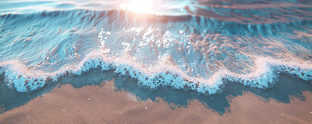 As the sun dips below the horizon, painting the sky with vibrant hues, gentle ocean waves crash upon a pristine sandy beach The tranquil blue waters shimmer, while white foam dances playfully along the shore This picturesque coastal scene offers a moment of pure serenity and breathtaking beauty AI Generativeの素材