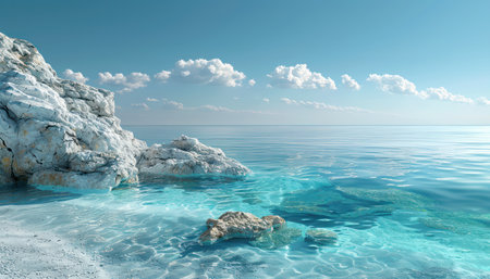 A picturesque coastal view unfolds, showcasing serene blue waters stretching endlessly beneath a tranquil sky White rocks dot the shoreline, adding a touch of stark beauty against the backdrop of clear turquoise waters The scene evokes a sense of calm and tranquility, inviting you to escape into its peaceful embrace AI Generativeの素材