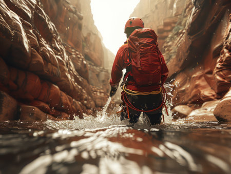 Embark on a thrilling canyoning adventure in the majestic Red Rock Canyon Feel the warmth of the sun on your skin as you navigate through rugged canyons, conquer exhilarating rappels, and discover hidden waterfalls This outdoor escapade promises an unforgettable experience AI Generativeの素材