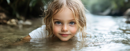 A tiny girl, with eyes wide with wonder, tiptoes along a crystal-clear stream Sunlight dances on the rippling water as she dips her toes, giggling at the playful current Her innocent joy and the serenity of nature create a moment of pure magic AI Generativeの素材