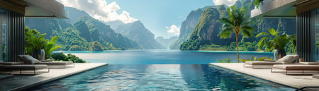 Escape to a tropical paradise where stunning views meet serene infinity pools Luxurious loungers invite you to unwind and immerse yourself in nature's beauty Indulge in passionate relaxation and rejuvenate your senses in this tranquil oasis AI Generativeの素材