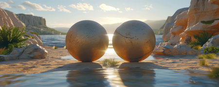 This visual guide, featuring two golden spheres nestled in a tranquil landscape, provides a clear path to financial balance Learn how to cultivate stability and foster sustainable growth, ensuring your financial future is secure and prosperous AI Generativeの素材