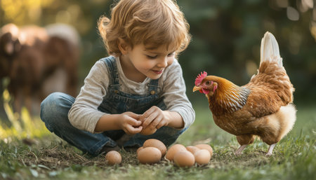A curious toddler explores the wonders of farm life, discovering the secrets of chickens and eggs Their adorable interactions with a friendly hen in the backyard offer a heartwarming glimpse into the joys of learning about animals This educational experience brings the farm to life for little ones, inspiring a AI Generativeの素材