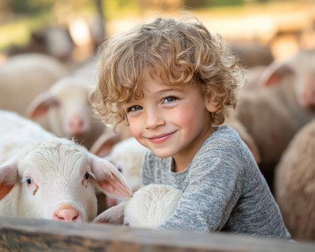 A heartwarming scene unfolds on a rustic farm, where a sweet little boy shares a tender moment with fluffy sheep This innocent encounter captures the magic of connection between children and animals, evoking feelings of love, joy, and playful innocence The image radiates warmth and simplicity, showcasing the beauty of AI Generativeの素材