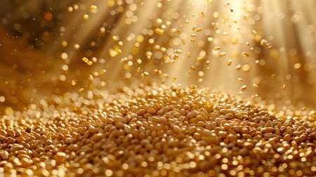 A golden sea of wheat sways in the warm sunlight, a symbol of abundance The harvest season paints the rural landscape with hues of gold, reflecting the bounty of nature This golden hour captures the radiance of the grains, offering a sunny escape and a celebration of agricultural prosperity AI Generativeの素材