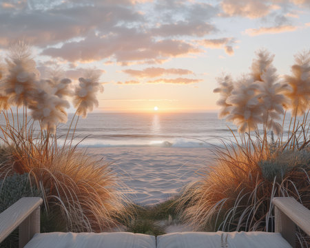 Escape to a tranquil beach paradise Lush palms sway, breathtaking sunsets paint the sky, and serene coastal views soothe the soul This getaway is perfect for relaxation, romance, and creating unforgettable memories AI Generativeの素材