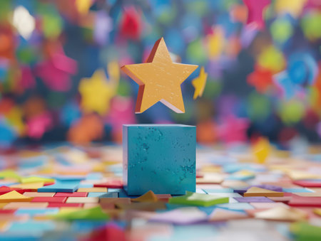 The diagram illustrates a company's journey towards success A radiant star ascends, symbolizing growth and achievement, atop a sturdy platform representing a solid foundation of success The rising star signifies the company's continued upward trajectory, highlighting its potential for continued growth and triumph AI Generativeの素材