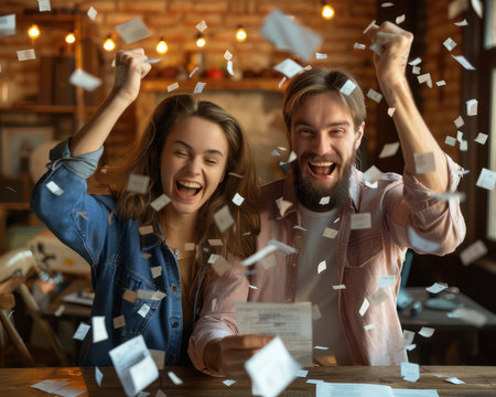 Reach financial freedom and an affluent lifestyle with organized documents Celebrate your success like this happy couple, who achieved their goals through proper organization Let wealth and happiness be your reward for taking control of your finances AI Generativeの素材