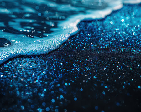 A gentle wave kisses the shore, revealing a tapestry of sparkling blue sand Radiant grains, like tiny jewels, reflect sunlight, creating a mesmerizing shimmer The horizon blurs into the sky, painting a picture of serenity and tranquility The scene evokes a sense of peace and awe, inviting you to embrace AI Generativeの素材