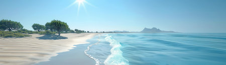 Imagine a breathtaking beach scene with radiant blue waters gently lapping at a tranquil shore This idyllic landscape, bathed in sunshine, offers the perfect escape for a summer getaway Capture the essence of coastal paradise with its white sand beaches, azure ocean, and breathtaking vistas This is the ultimate beach AI Generativeの素材