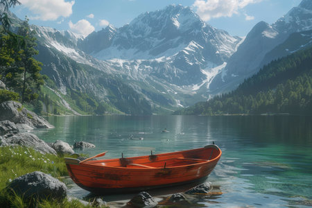 Escape to a serene mountain lake, where a tranquil rowboat awaits Explore pristine waters surrounded by majestic peaks Find calm and relaxation amidst nature's beauty Leave the everyday behind and embrace tranquility AI Generativeの素材