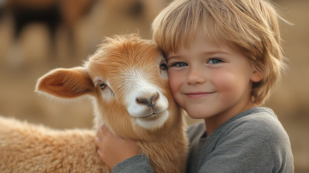 A charming little boy, bathed in golden sunlight, discovers the wonders of farm animals His gentle touch connects him to a fluffy lamb, fostering a bond of kindness and care This heartwarming scene captures the joy of learning, friendship, and the simple beauty of life in the countryside AI Generativeの素材