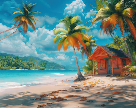 Escape to a tropical paradise with swaying palm trees and a cozy beach house Immerse yourself in the warmth of the shore at this idyllic seaside retreat Enjoy sun-drenched days, pristine beaches, and the soothing sounds of the ocean Your perfect getaway awaits! AI Generativeの素材