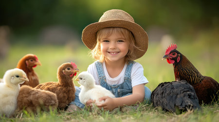 In a rustic countryside setting, a young boy, with a heart full of tenderness, gently cares for a brood of baby chicks on a charming farm His gentle touch and compassionate spirit create a heartwarming scene of animal love and rural charm The moment captures the sweet bond between a AI Generativeの素材