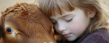 A heartwarming scene unfolds in rural simplicity: a young child's gentle hand caresses a calf, fostering a bond of love and compassion The image captures the essence of rural life, showcasing the natural connection between humans and animals, a testament to innocence and tenderness AI Generativeの素材
