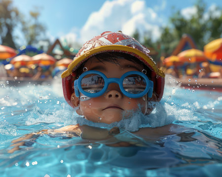 Capture the essence of summer with a heartwarming image of a little one's joyous splash in the pool The scene evokes the thrill of kids swimming, the importance of water safety, and the pure enjoyment of summer heat This vibrant moment is perfect for capturing the seasonal excitement of a AI Generativeの素材