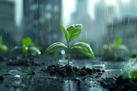 This image embodies the journey of corporate growth and success A sapling, symbolizing new beginnings and development, sprouts from the earth, representing the potential for flourishing businesses The image emphasizes the importance of sustainability and innovation as driving forces for revenue increase AI Generativeの素材