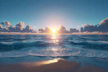 A breathtaking sunset paints the sky in golden hues, casting a warm glow on the ocean's blue expanse Radiant grains of light dance on the horizon as crashing waves rhythmically caress the shoreline This coastal scene is a symphony of vibrant colors and mesmerizing natural beauty AI Generativeの素材
