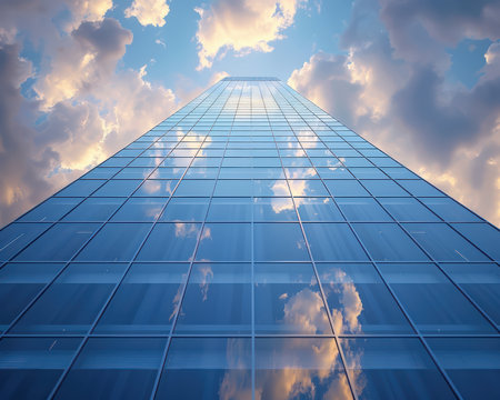 This image depicts a soaring skyscraper piercing through vibrant clouds, symbolizing ambitious corporate growth and a relentless pursuit of success The upward trajectory of the building represents the company's revenue growth and achievement, reaching for the pinnacle of excellence AI Generativeの素材