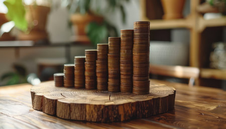 This visualization portrays financial success through a stack of coins on a wooden base Each coin symbolizes growth and progress, representing the power of strategic business development The image embodies financial stability and the journey towards achieving revenue increase AI Generativeの素材