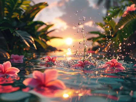 As the sun dips below the horizon, casting warm hues across a tropical beach, a sense of tranquility washes over you Pink blossoms drift gently on the shimmering water, their delicate petals mirroring the soft pink sky The air is filled with the scent of the ocean and the gentle AI Generativeの素材
